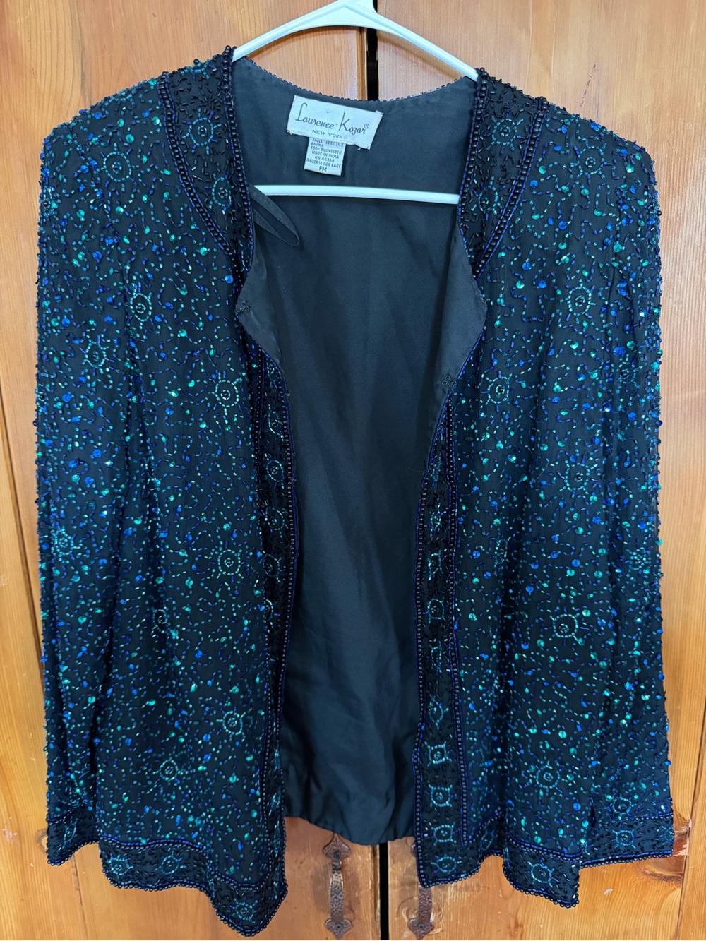 Black Sequin-Embellished Open Front Jacket with Teal Sparkle